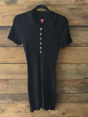 Guess Black Ribbed Polo Mini Dress with Gold Buttons